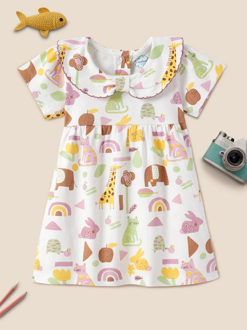 Nautinati Baby Girls' 100% Interlock Cotton Fit & Flare All-over Floral, Rabbit, Tortoise, Giraffe, Fruits Print A-line Dress with Snap Buttons